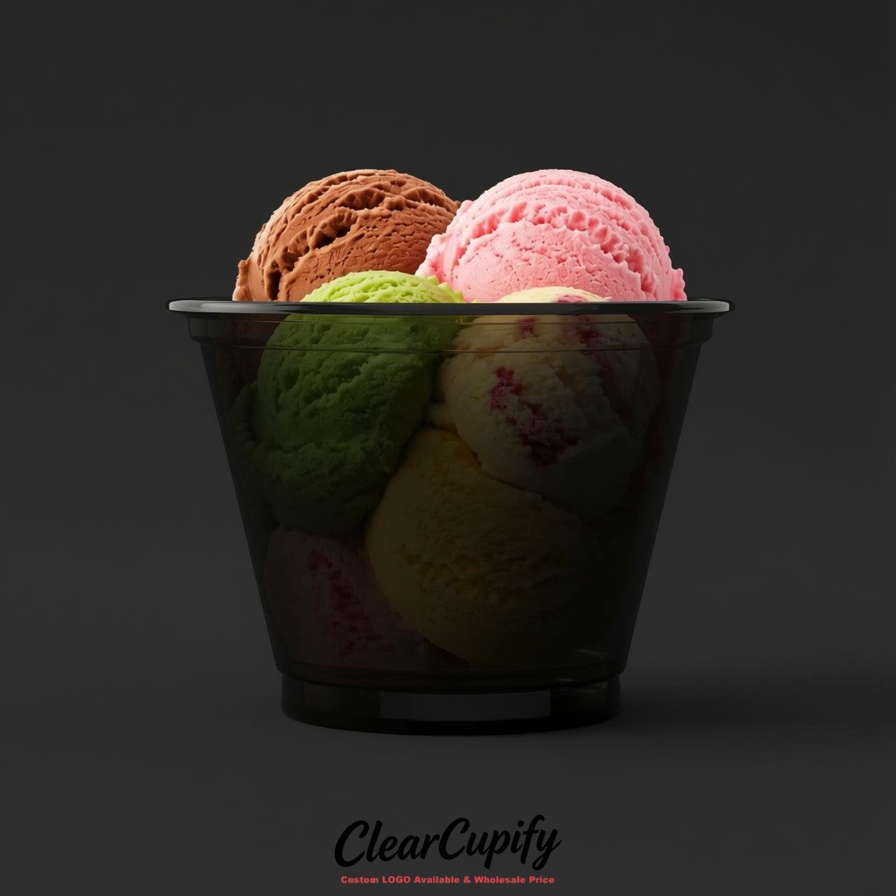 Jet Black Clear Plastic Ice Cream Cups Wholesale with Custom Logo