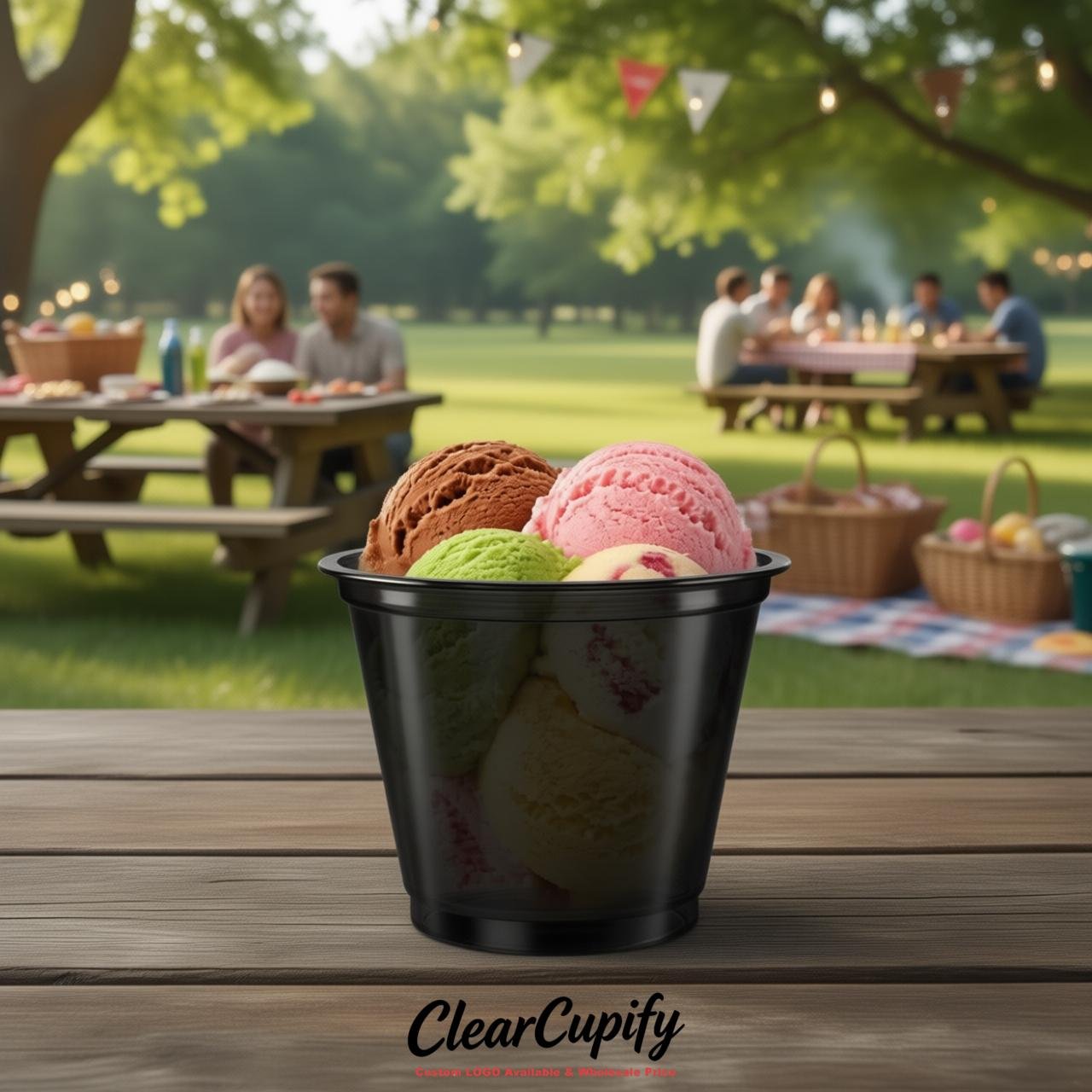 Jet Black Clear Plastic Ice Cream Cups Wholesale with Custom Logo