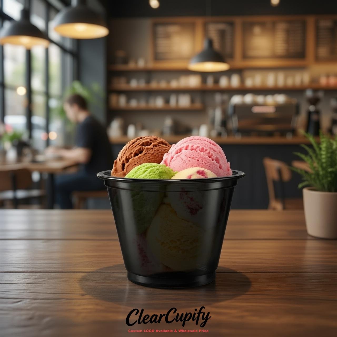 Jet Black Clear Plastic Ice Cream Cups Wholesale with Custom Logo