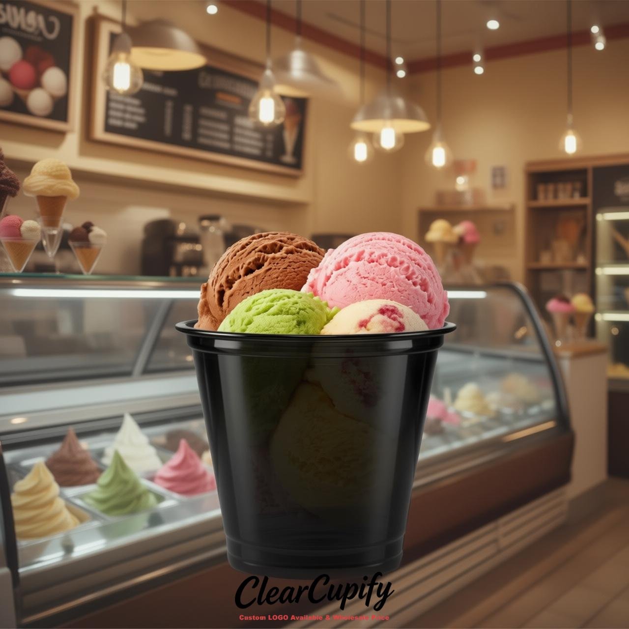 Jet Black Clear Plastic Ice Cream Cups Wholesale with Custom Logo