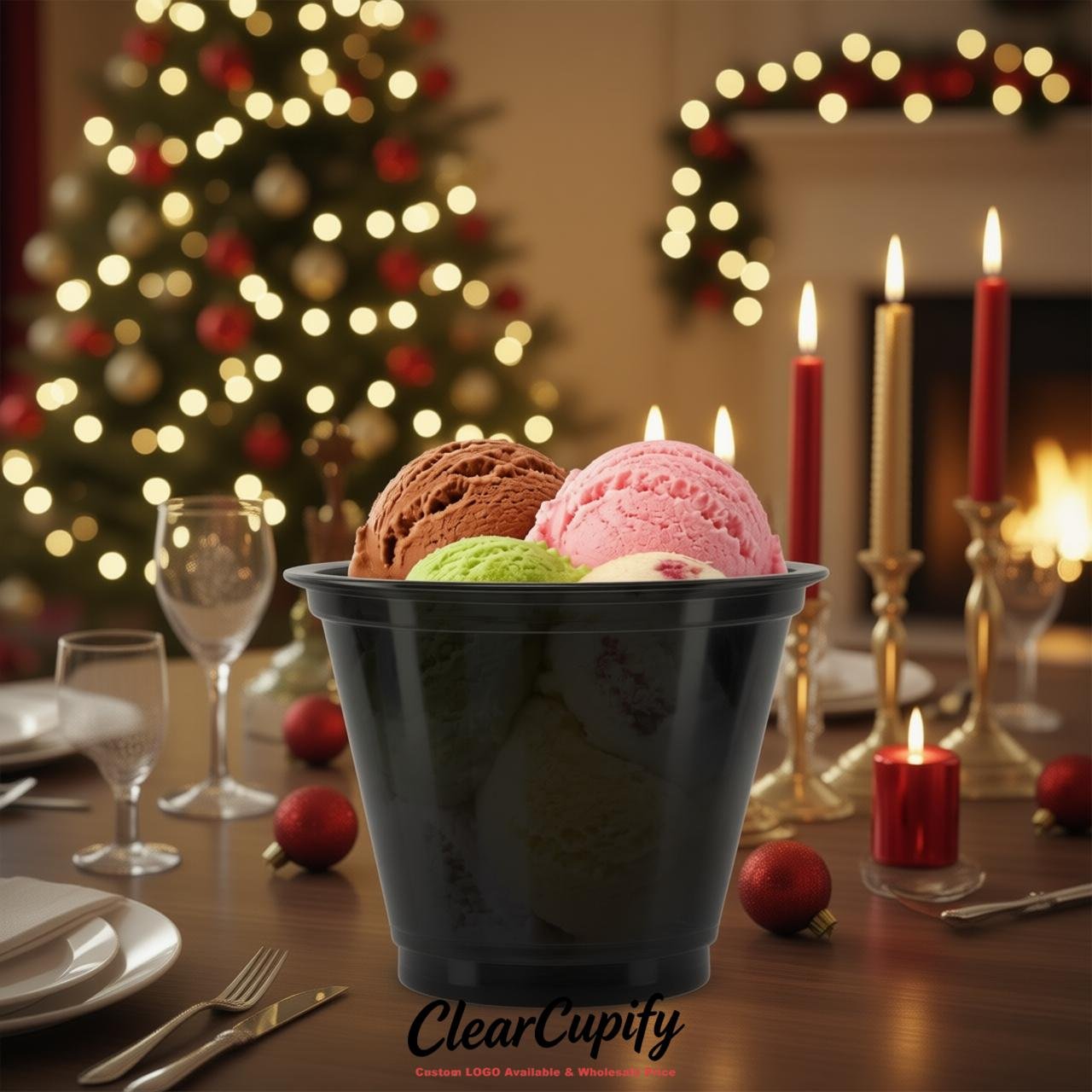 Jet Black Clear Plastic Ice Cream Cups Wholesale with Custom Logo