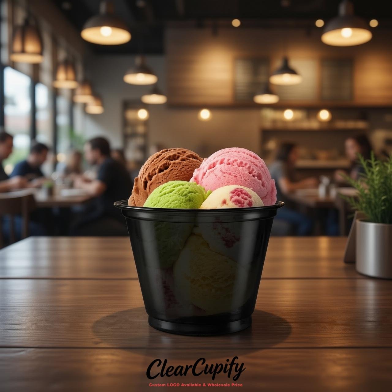 Jet Black Clear Plastic Ice Cream Cups Wholesale with Custom Logo