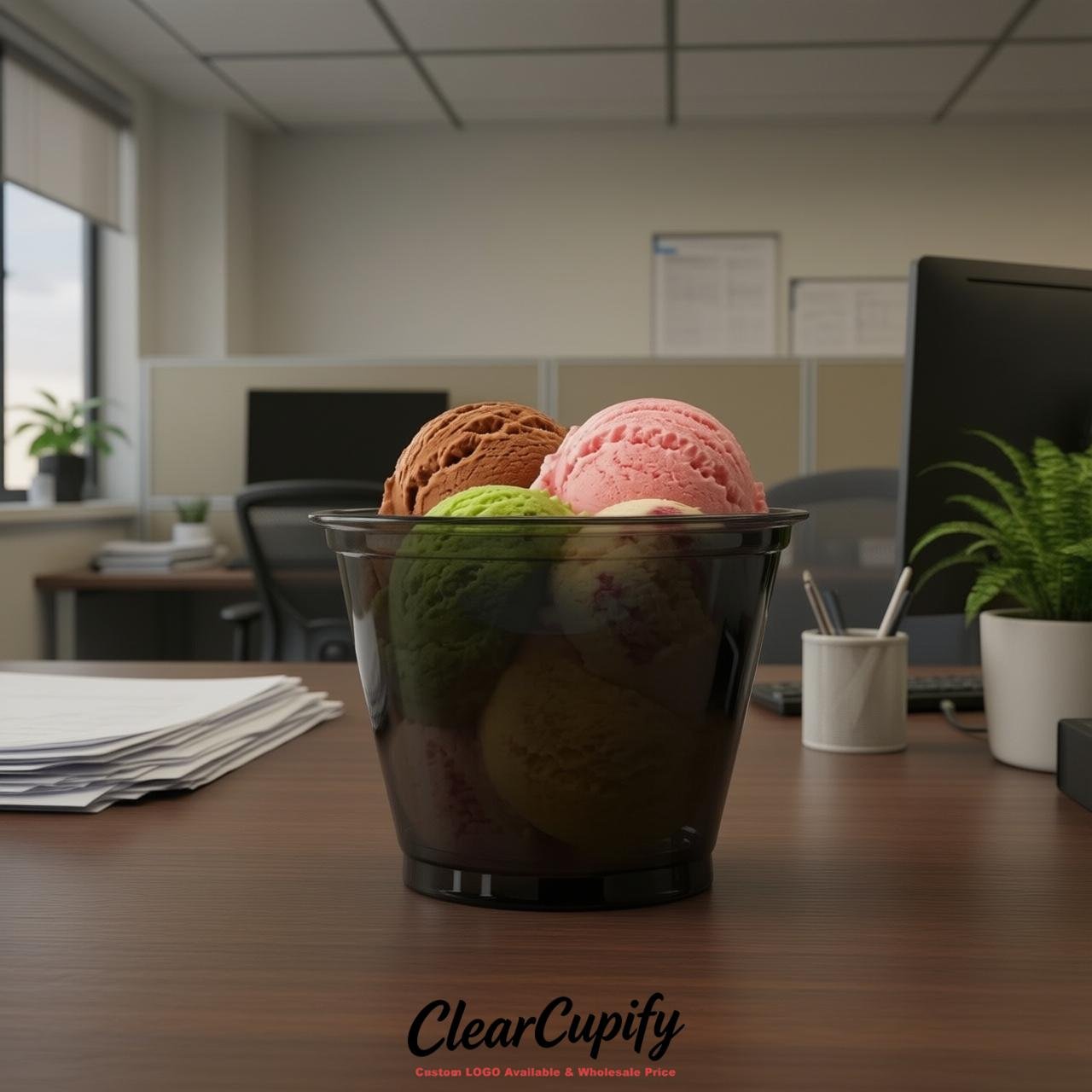 Jet Black Clear Plastic Ice Cream Cups Wholesale with Custom Logo Jet Black Clear Plastic Ice Cream Cups Wholesale with Custom Logo