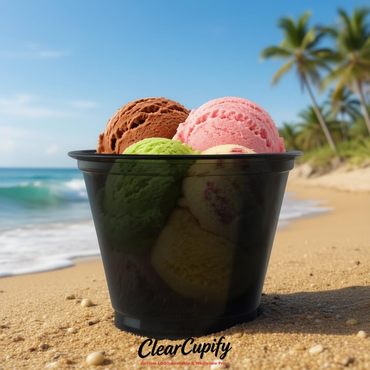 Jet Black Clear Plastic Ice Cream Cups Wholesale with Custom Logo