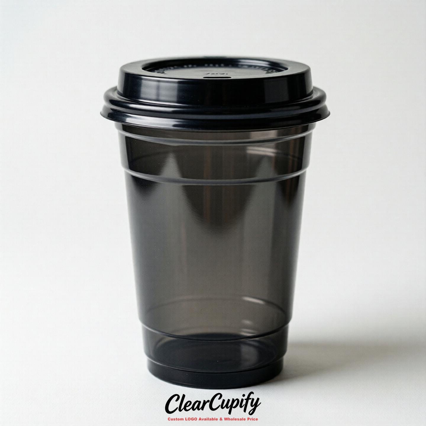 Blank Translucent Jet Black Clear Plastic Cups with Lids - Choice of PET/PP/PLA