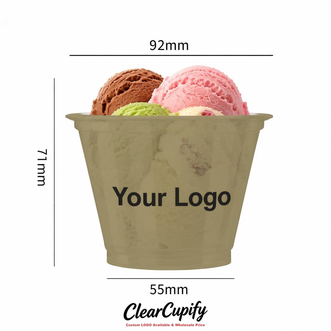 Khaki Clear Plastic Ice Cream Cups Wholesale with Custom Logo