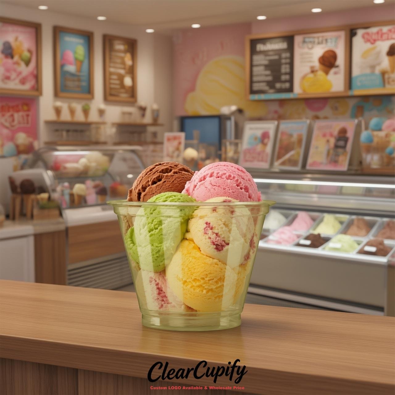 Khaki Clear Plastic Ice Cream Cups Wholesale with Custom Logo