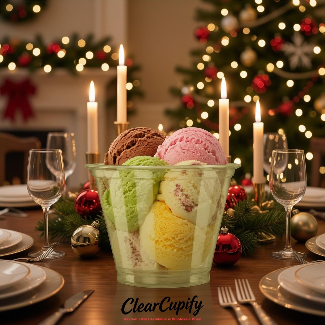 Khaki Clear Plastic Ice Cream Cups Wholesale with Custom Logo