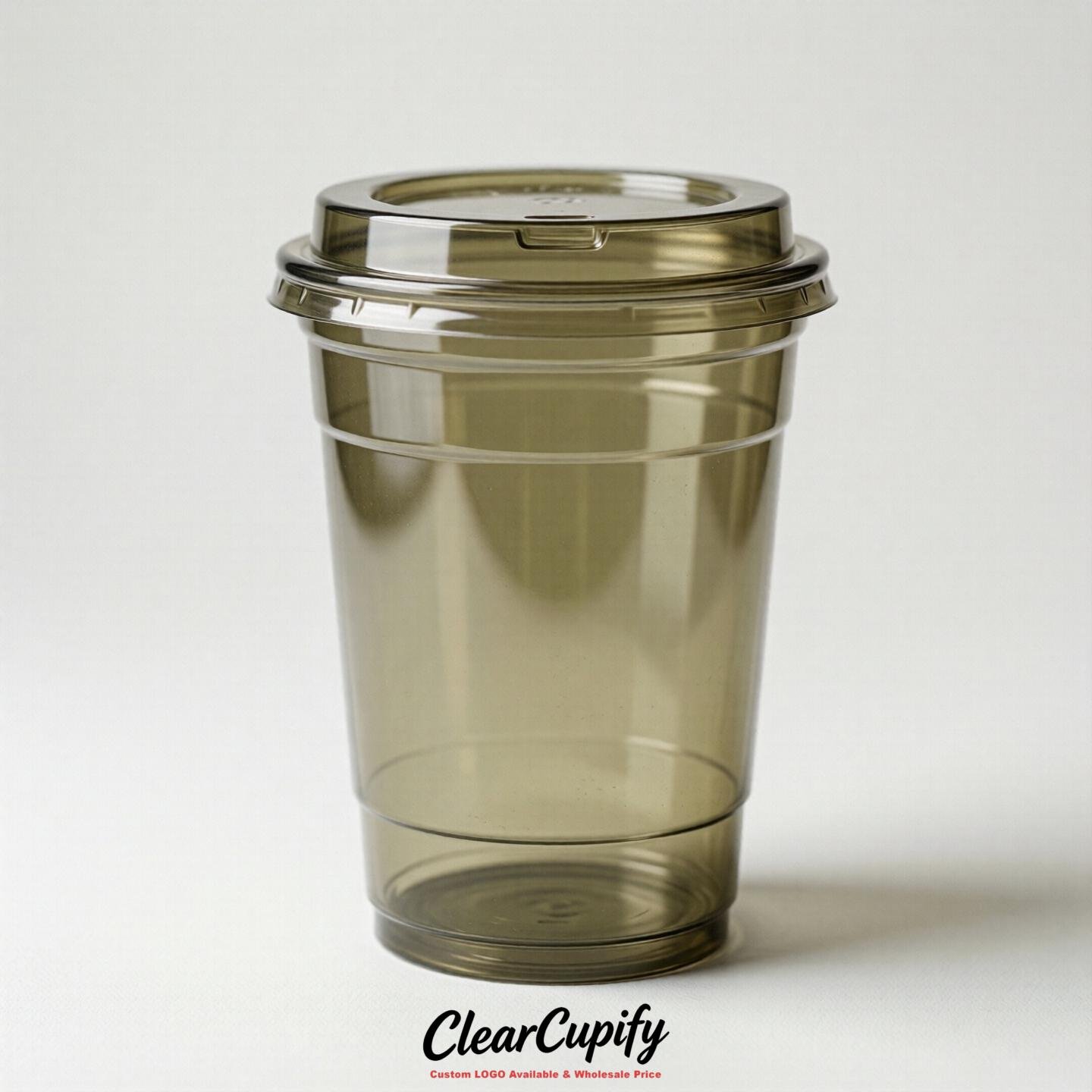 Blank Translucent Khaki Clear Plastic Cups with Lids - Choice of PET/PP/PLA