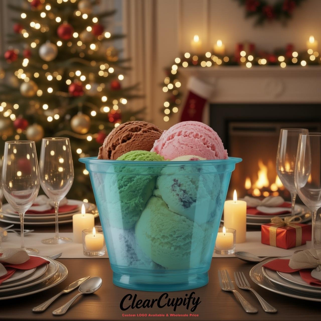 Lake Blue Clear Plastic Ice Cream Cups Wholesale with Custom Logo