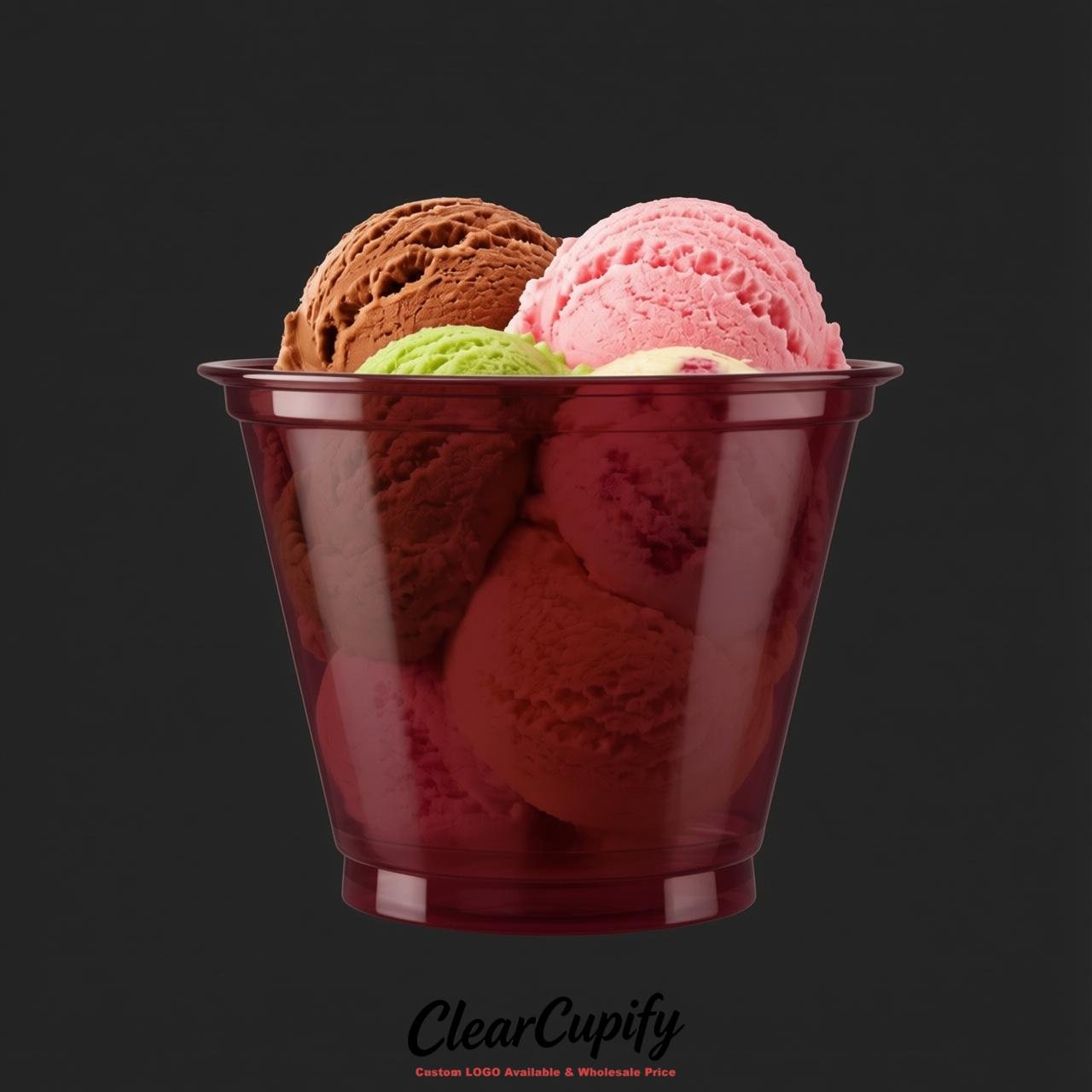 Maroon Clear Plastic Ice Cream Cups Wholesale with Custom Logo