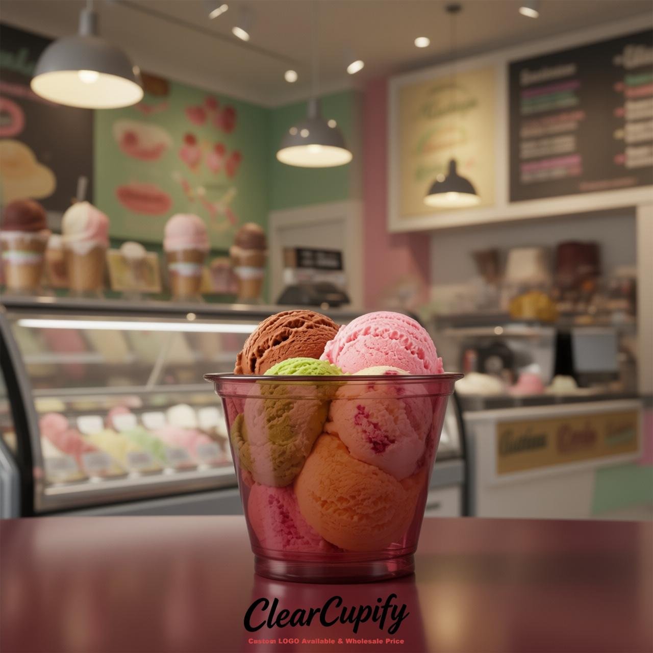 Maroon Clear Plastic Ice Cream Cups Wholesale with Custom Logo