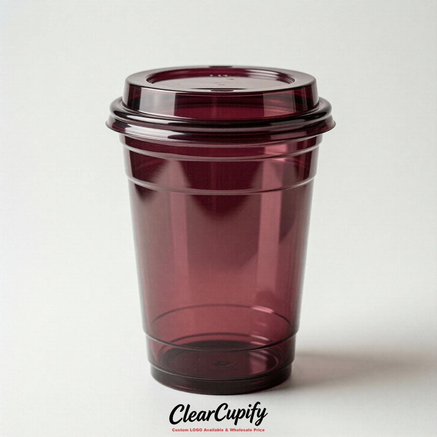 Blank Translucent Maroon Clear Plastic Cups with Lids - Choice of PET/PP/PLA
