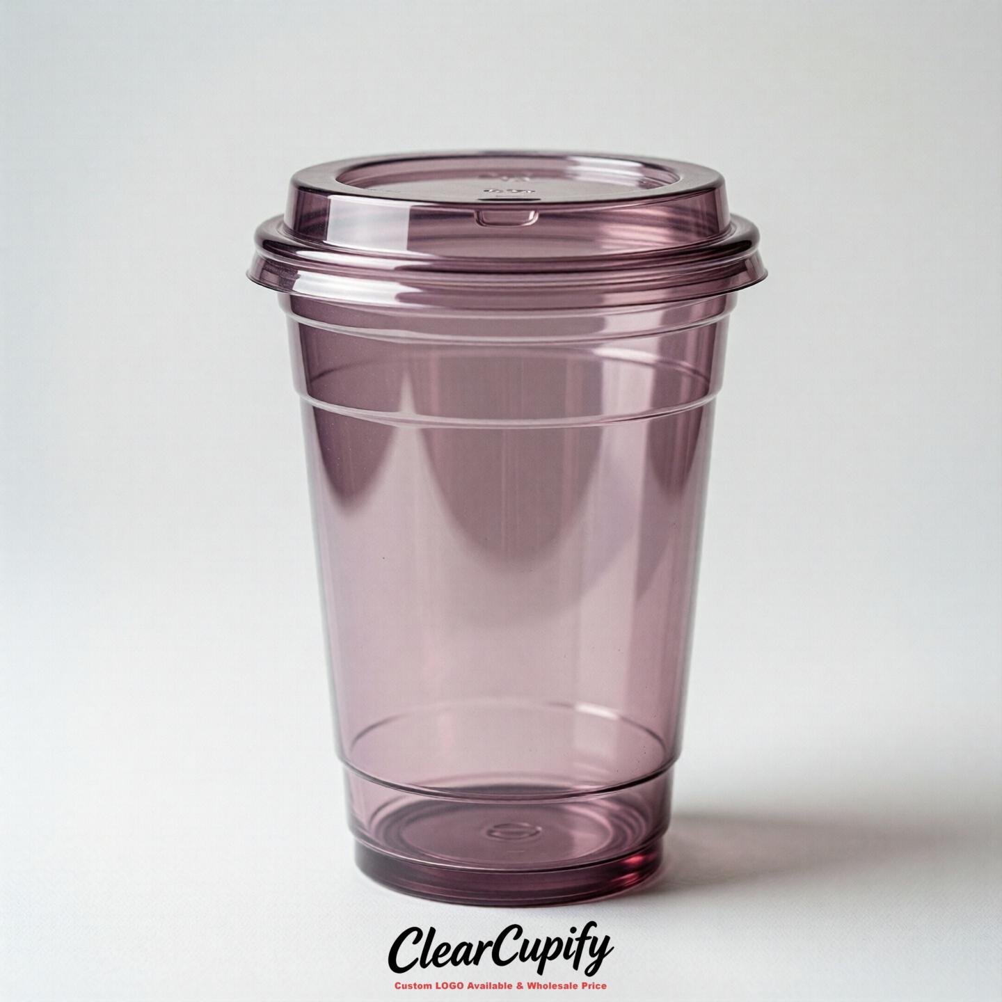 Blank Translucent Mauve Clear Plastic Cups with Lids - Choice of PET/PP/PLA