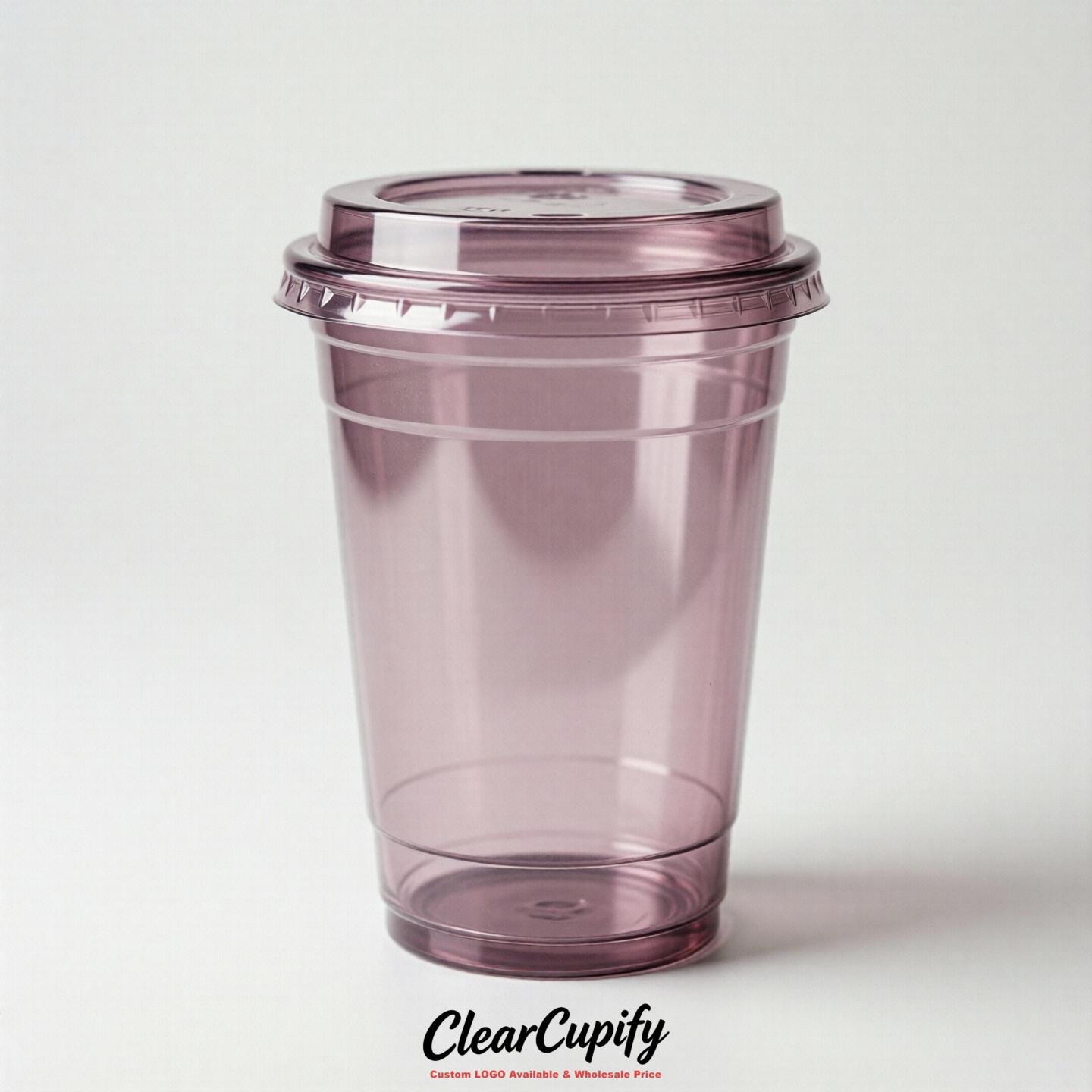 Blank Translucent Mauve Clear Plastic Cups with Lids - Choice of PET/PP/PLA