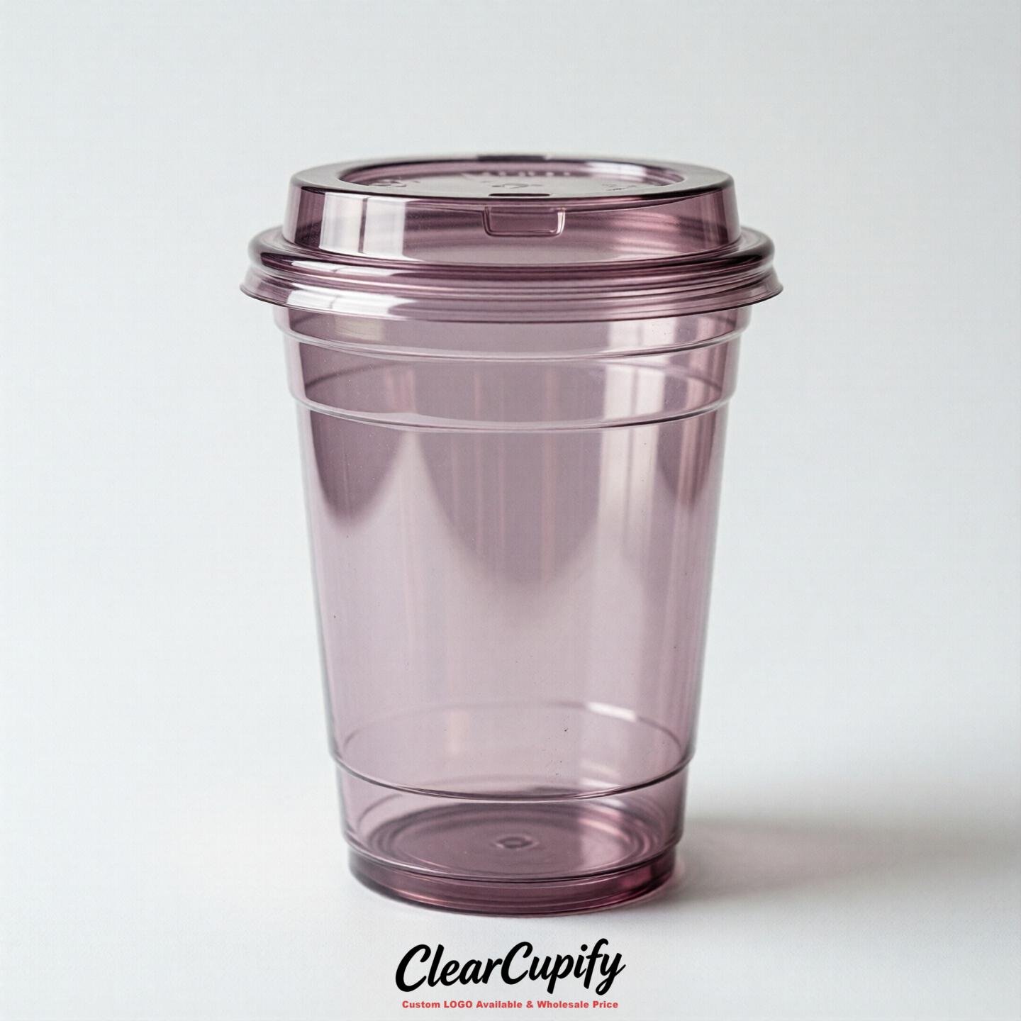 Blank Translucent Mauve Clear Plastic Cups with Lids - Choice of PET/PP/PLA