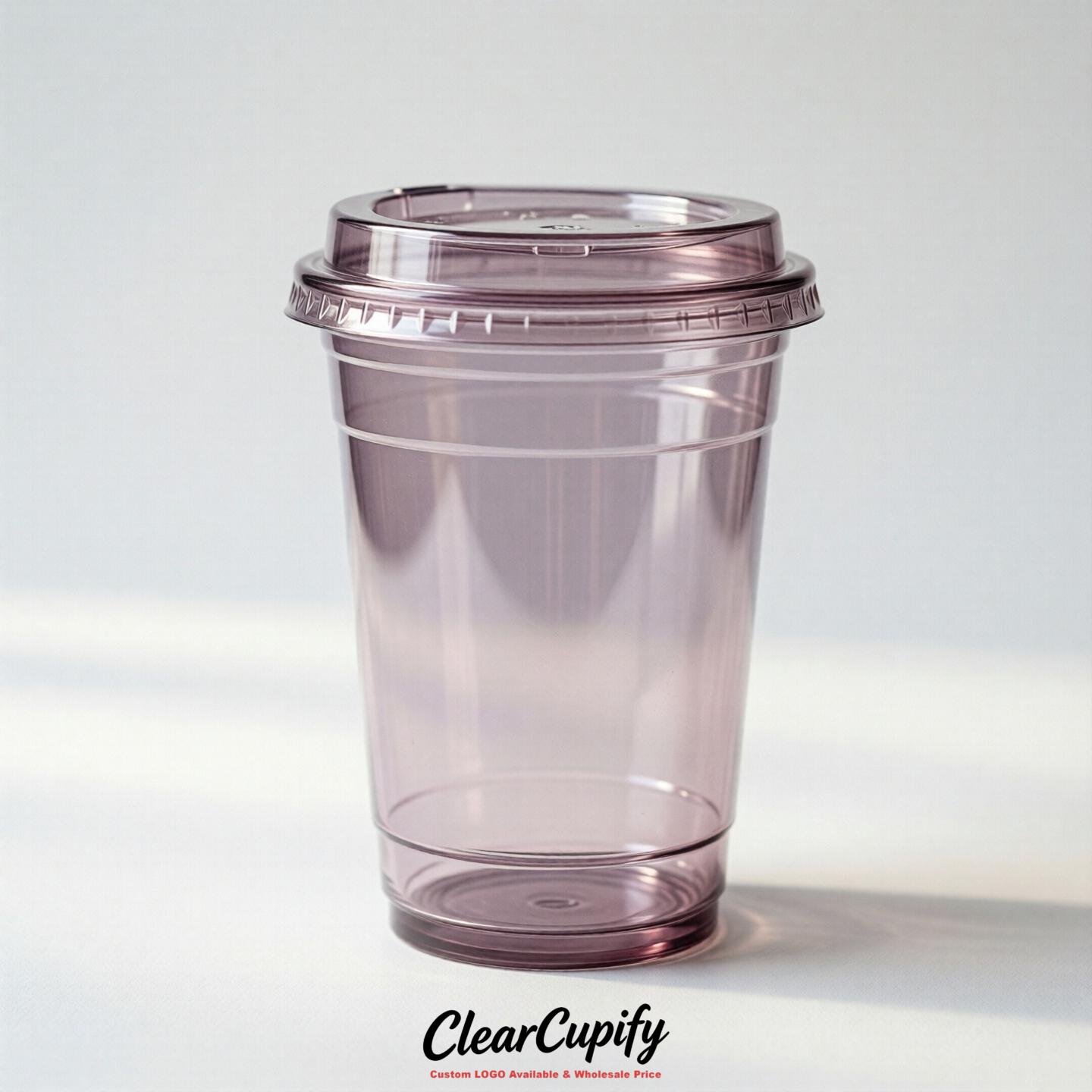 Blank Translucent Mauve Clear Plastic Cups with Lids - Choice of PET/PP/PLA