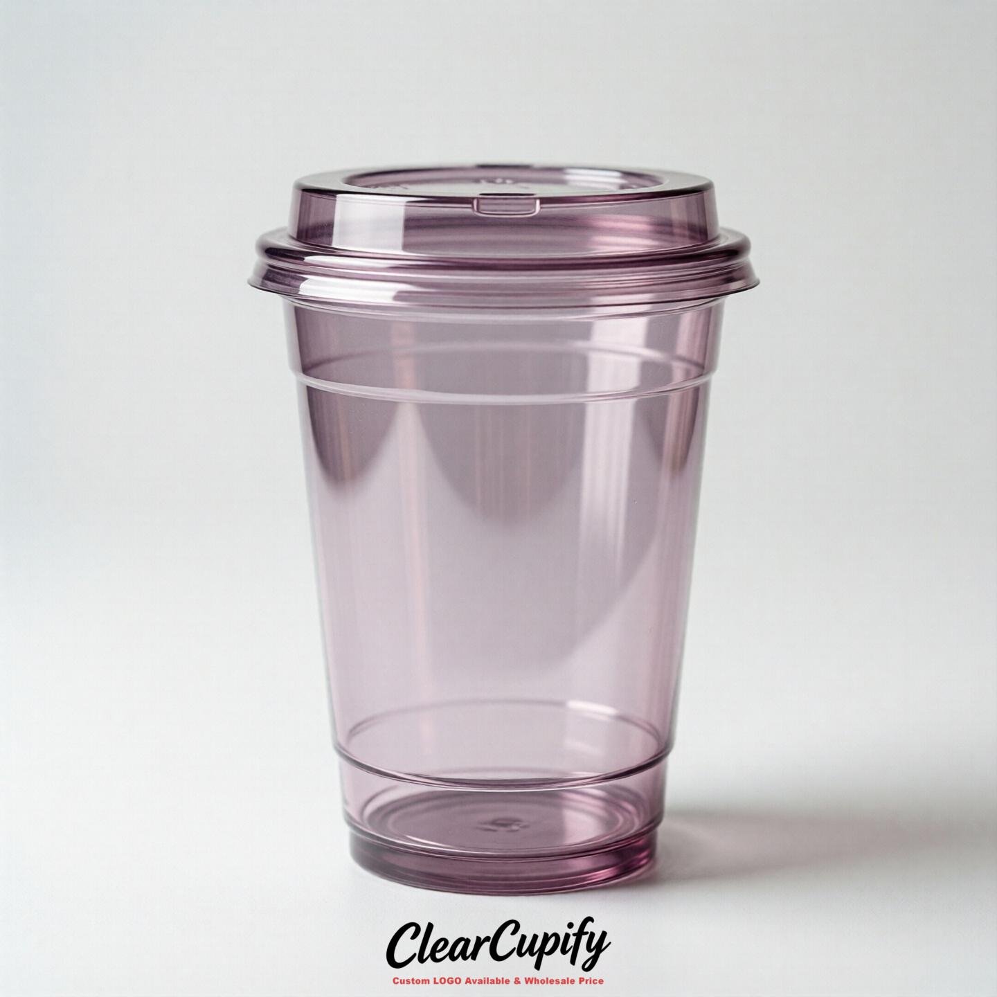 Blank Translucent Mauve Clear Plastic Cups with Lids - Choice of PET/PP/PLA