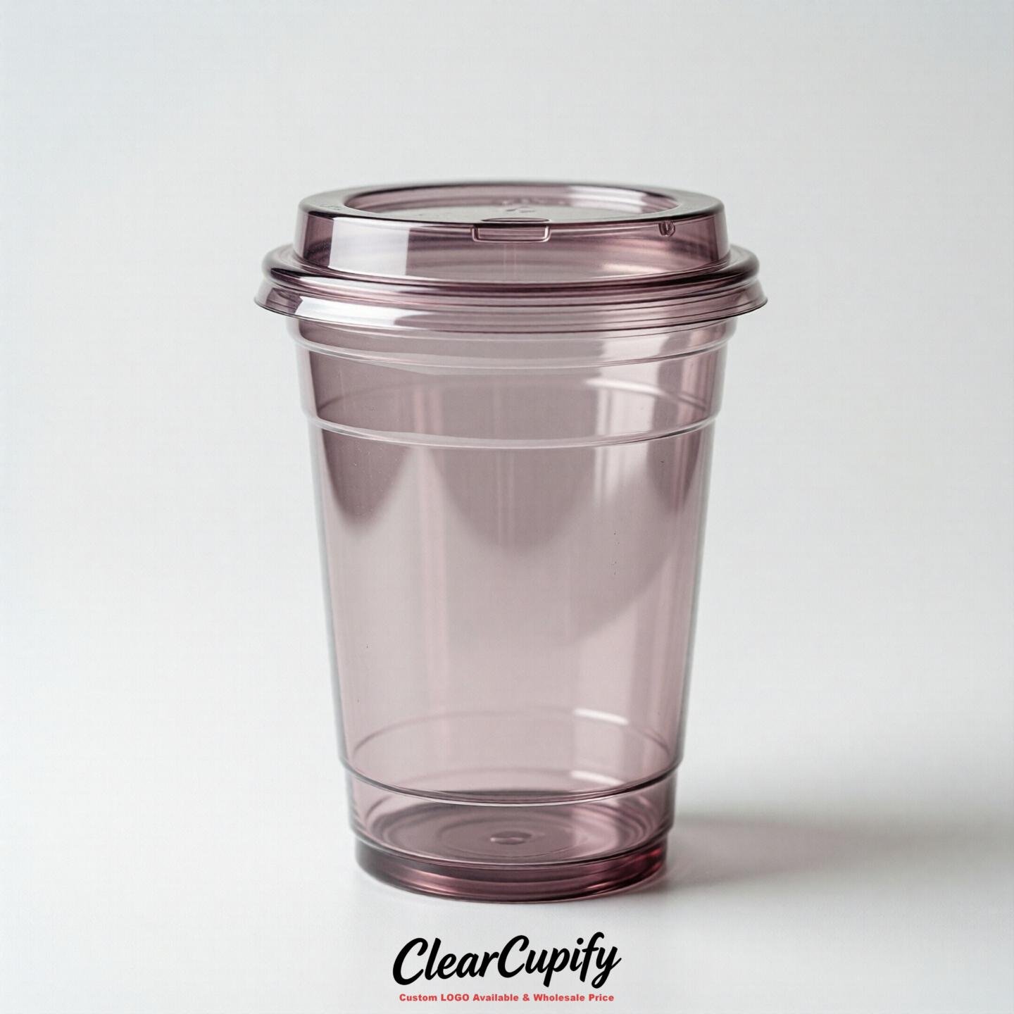 Blank Translucent Mauve Clear Plastic Cups with Lids - Choice of PET/PP/PLA