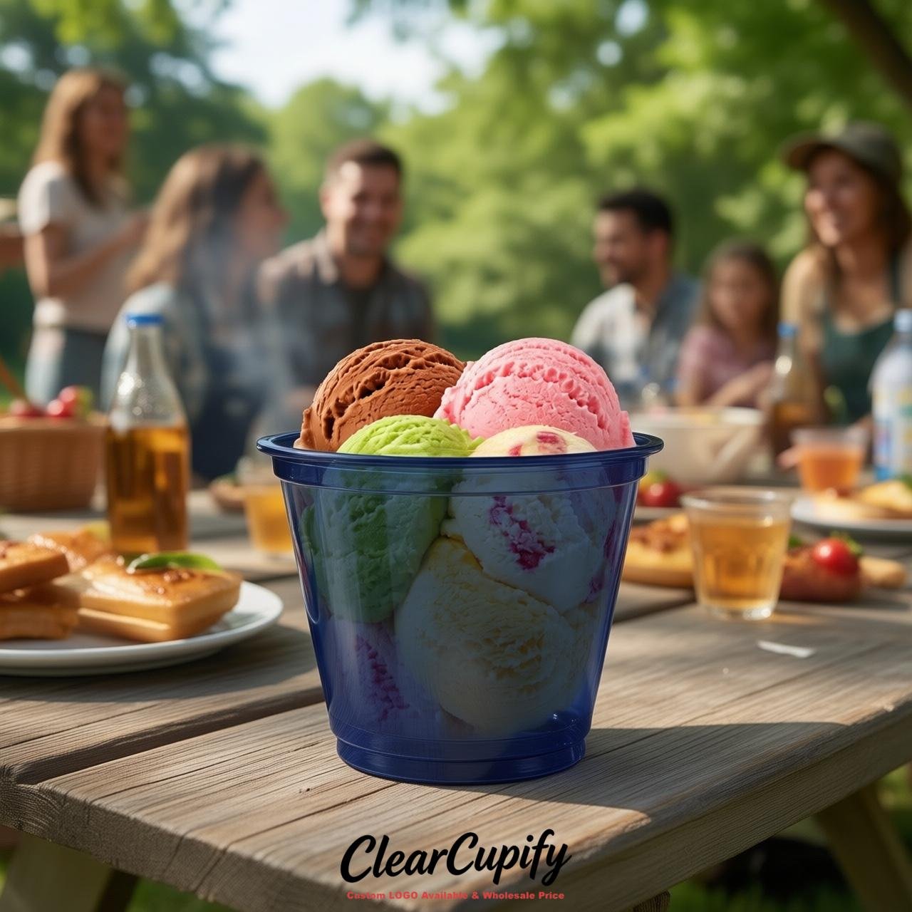 Navy Blue Clear Plastic Ice Cream Cups Wholesale with Custom Logo