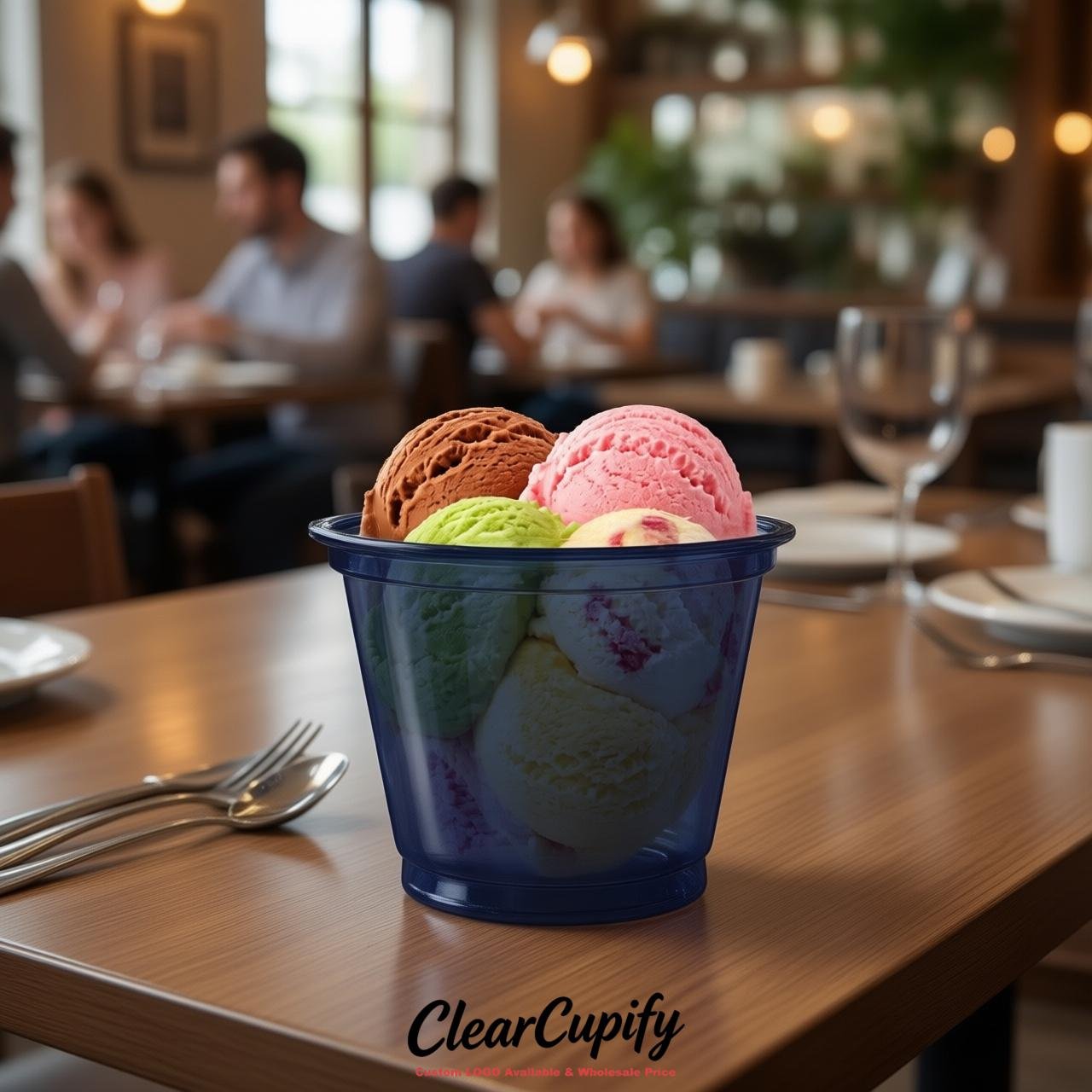 Navy Blue Clear Plastic Ice Cream Cups Wholesale with Custom Logo