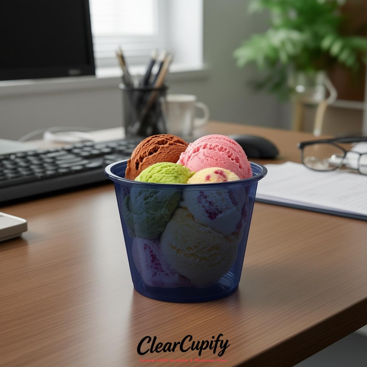 Navy Blue Clear Plastic Ice Cream Cups Wholesale with Custom Logo Navy Blue Clear Plastic Ice Cream Cups Wholesale with Custom Logo
