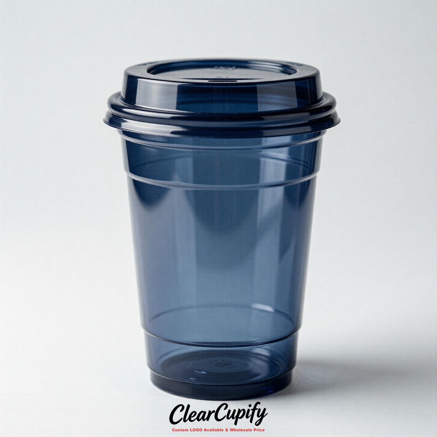 Blank Translucent Navy Blue Clear Plastic Cups with Lids - Choice of PET/PP/PLA