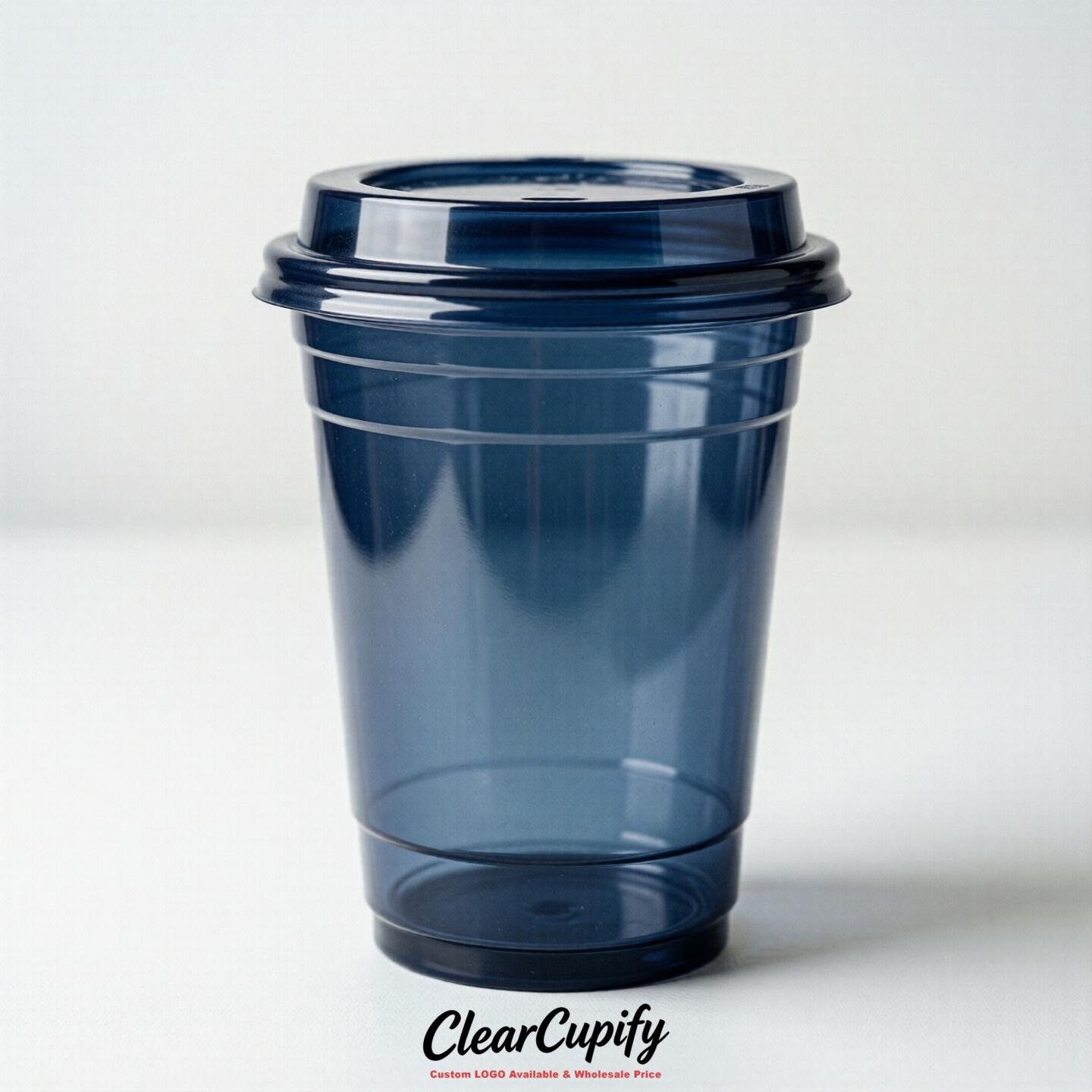 Blank Translucent Navy Blue Clear Plastic Cups with Lids - Choice of PET/PP/PLA