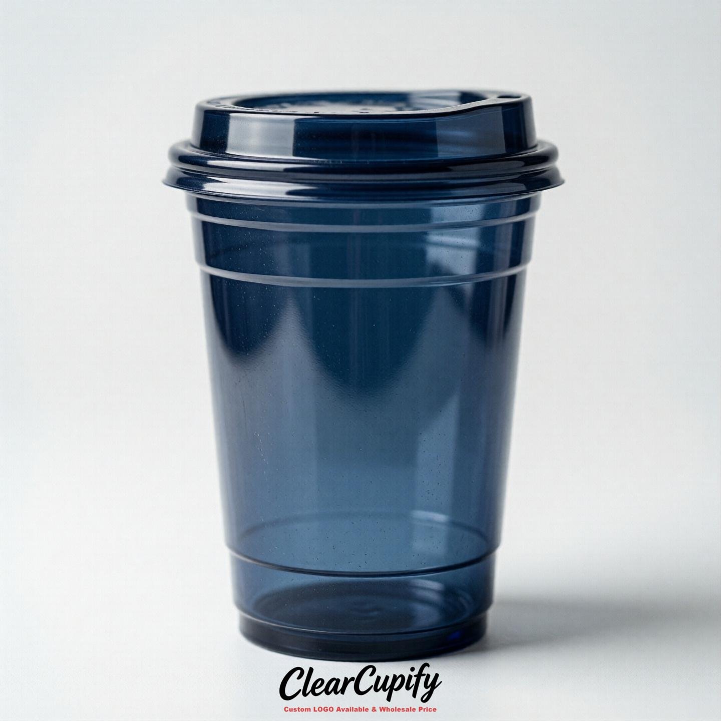 Blank Translucent Navy Blue Clear Plastic Cups with Lids - Choice of PET/PP/PLA