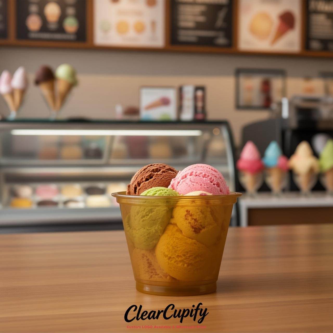 Ochre Clear Plastic Ice Cream Cups Wholesale with Custom Logo