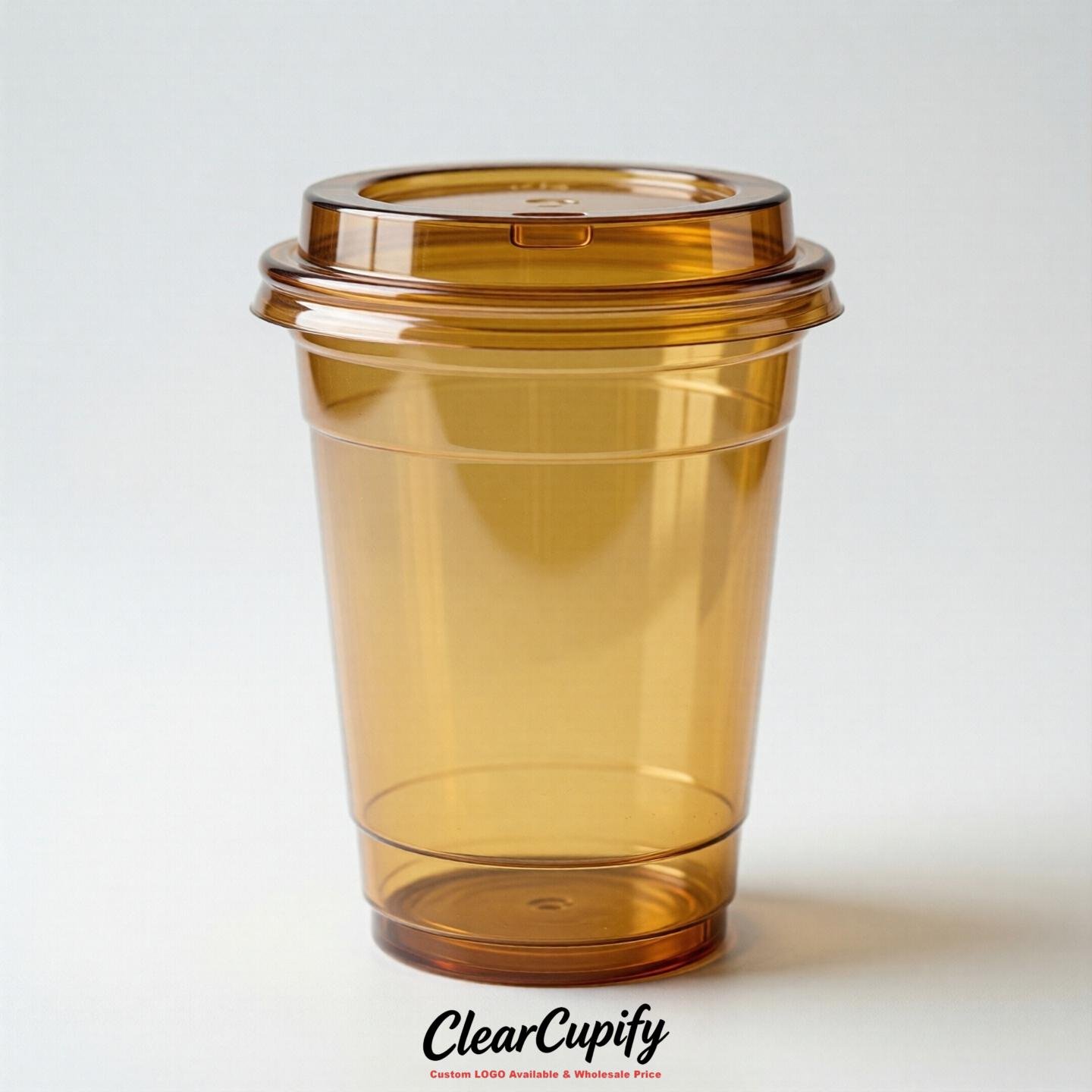 Blank Translucent Ochre Clear Plastic Cups with Lids - Choice of PET/PP/PLA