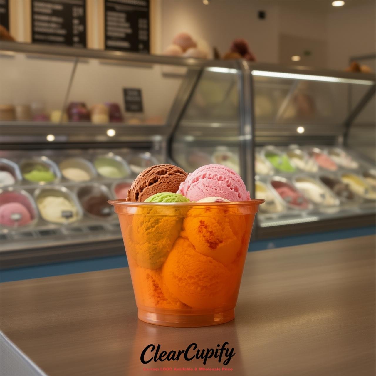 Orange Clear Plastic Ice Cream Cups Wholesale with Custom Logo