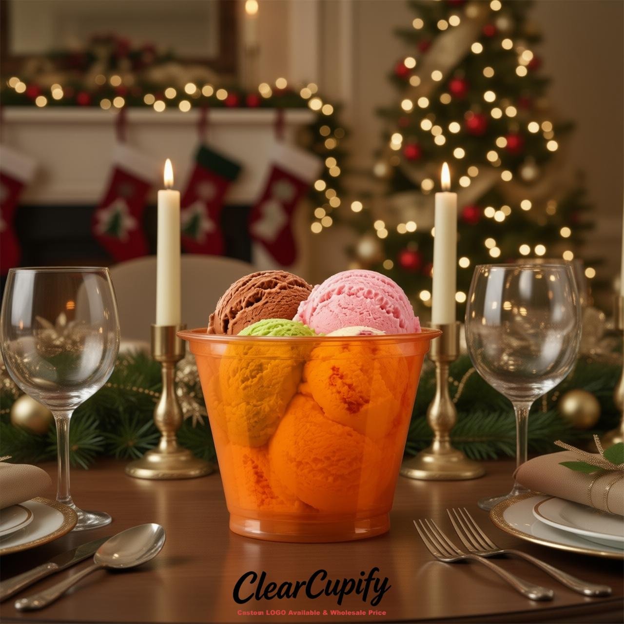 Orange Clear Plastic Ice Cream Cups Wholesale with Custom Logo