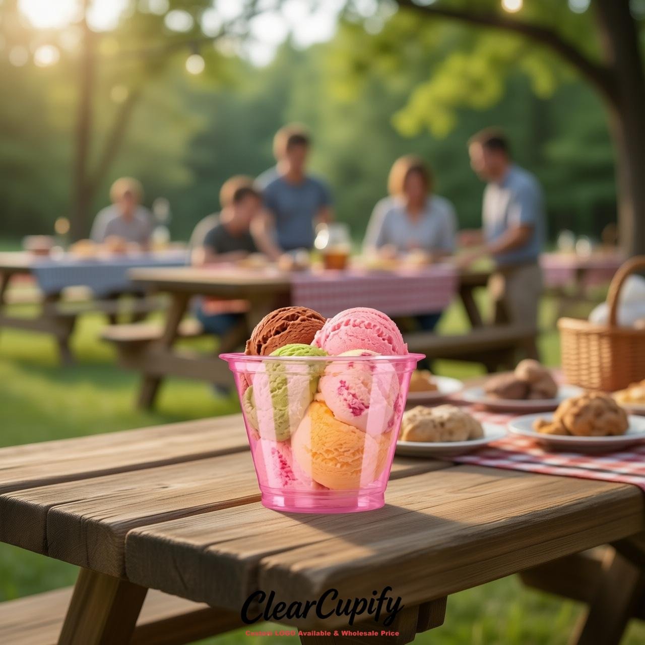 Pink Clear Plastic Ice Cream Cups Wholesale with Custom Logo