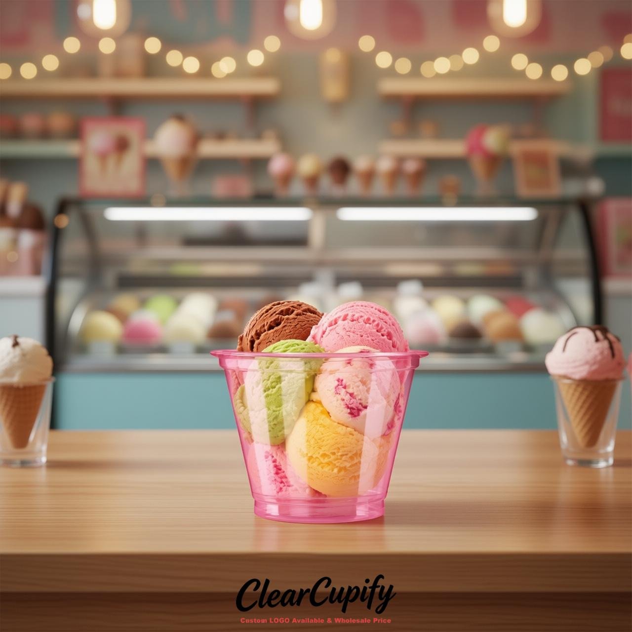 Pink Clear Plastic Ice Cream Cups Wholesale with Custom Logo