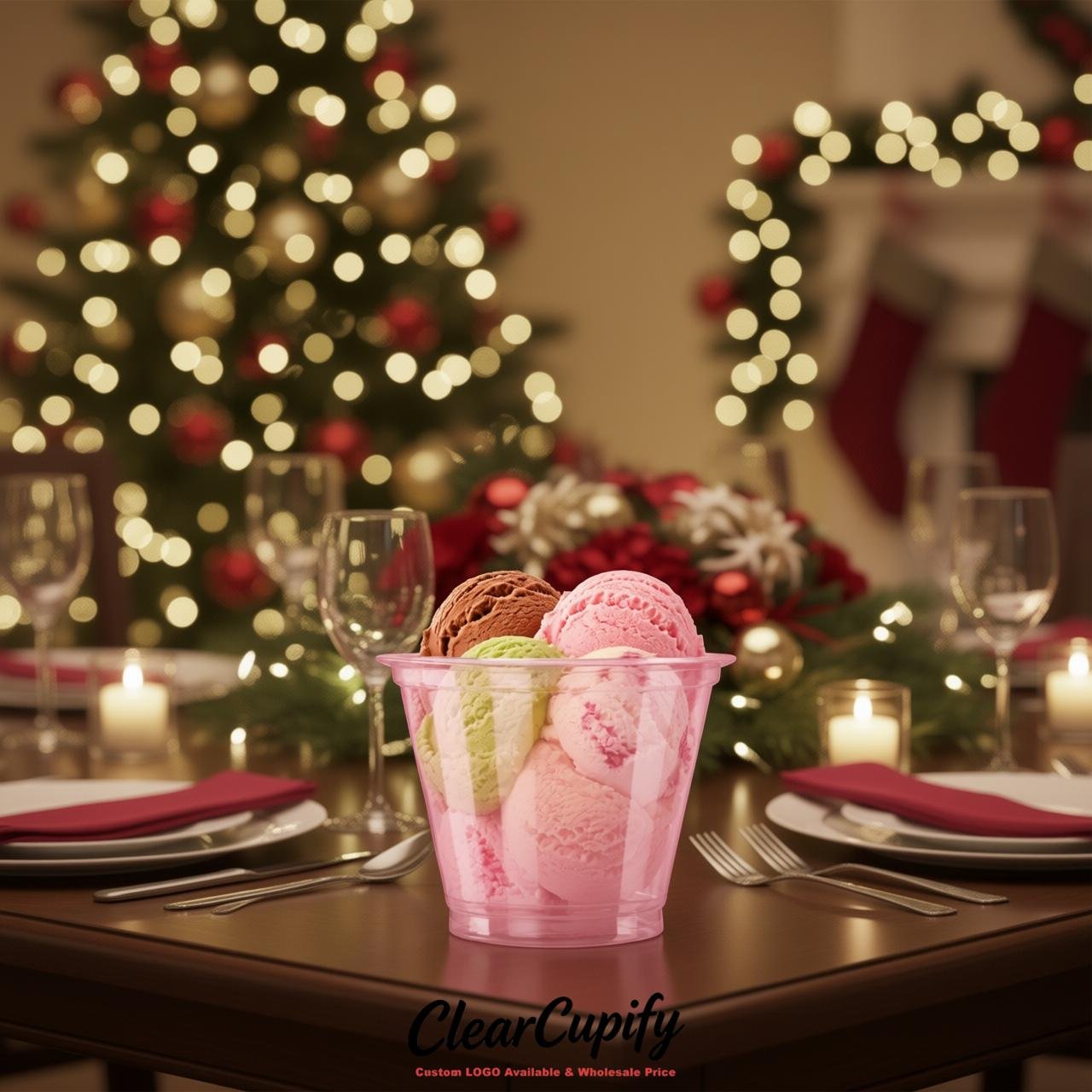 Pink Clear Plastic Ice Cream Cups Wholesale with Custom Logo