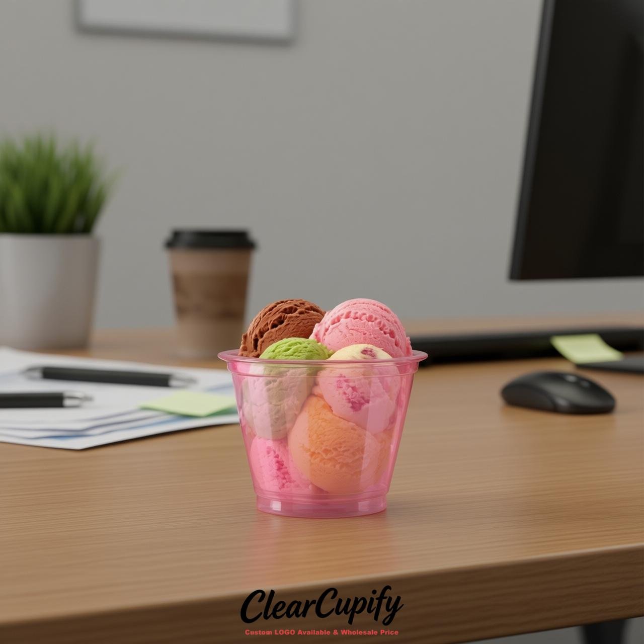 Pink Clear Plastic Ice Cream Cups Wholesale with Custom Logo Pink Clear Plastic Ice Cream Cups Wholesale with Custom Logo