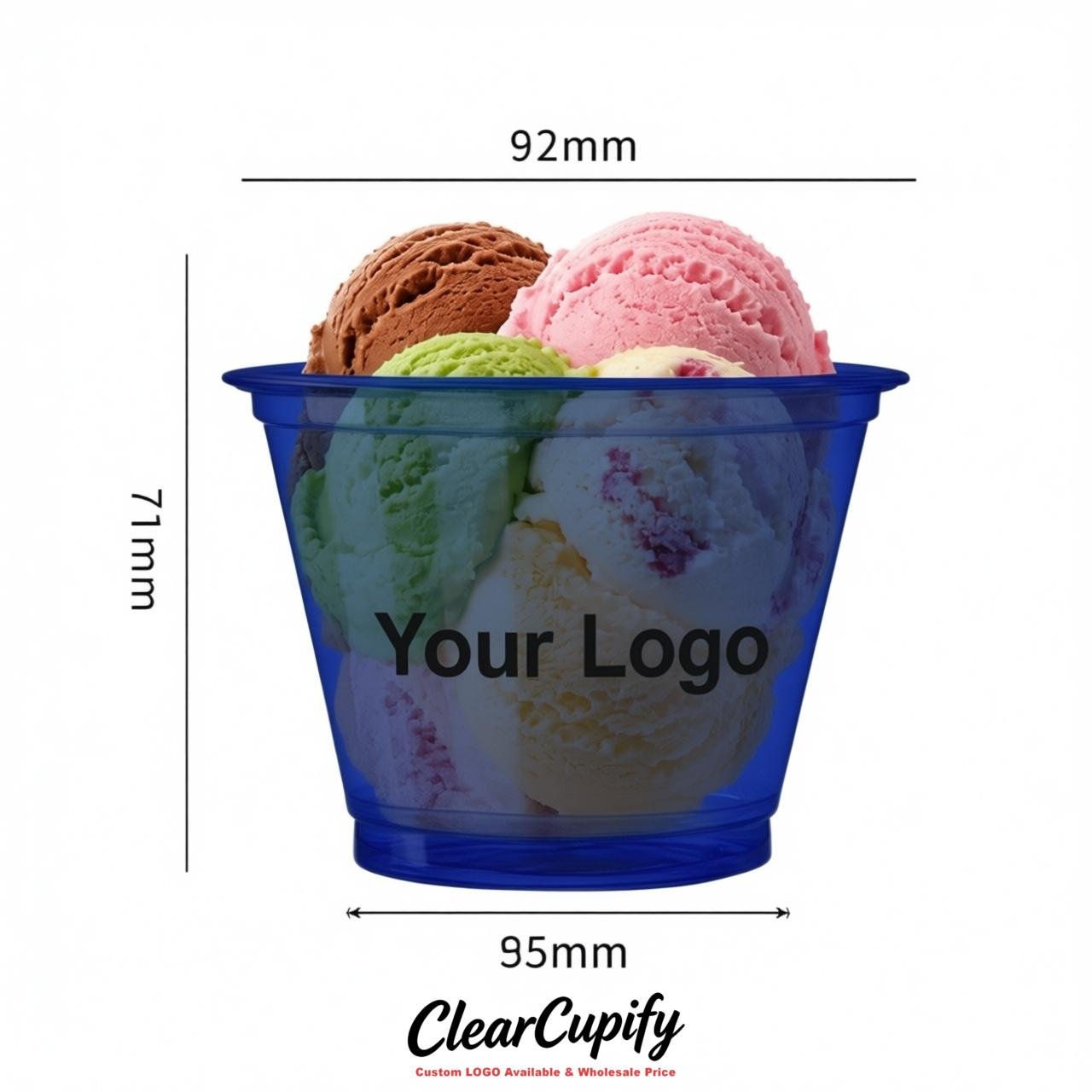 Prussian Blue Clear Plastic Ice Cream Cups Wholesale with Custom Logo