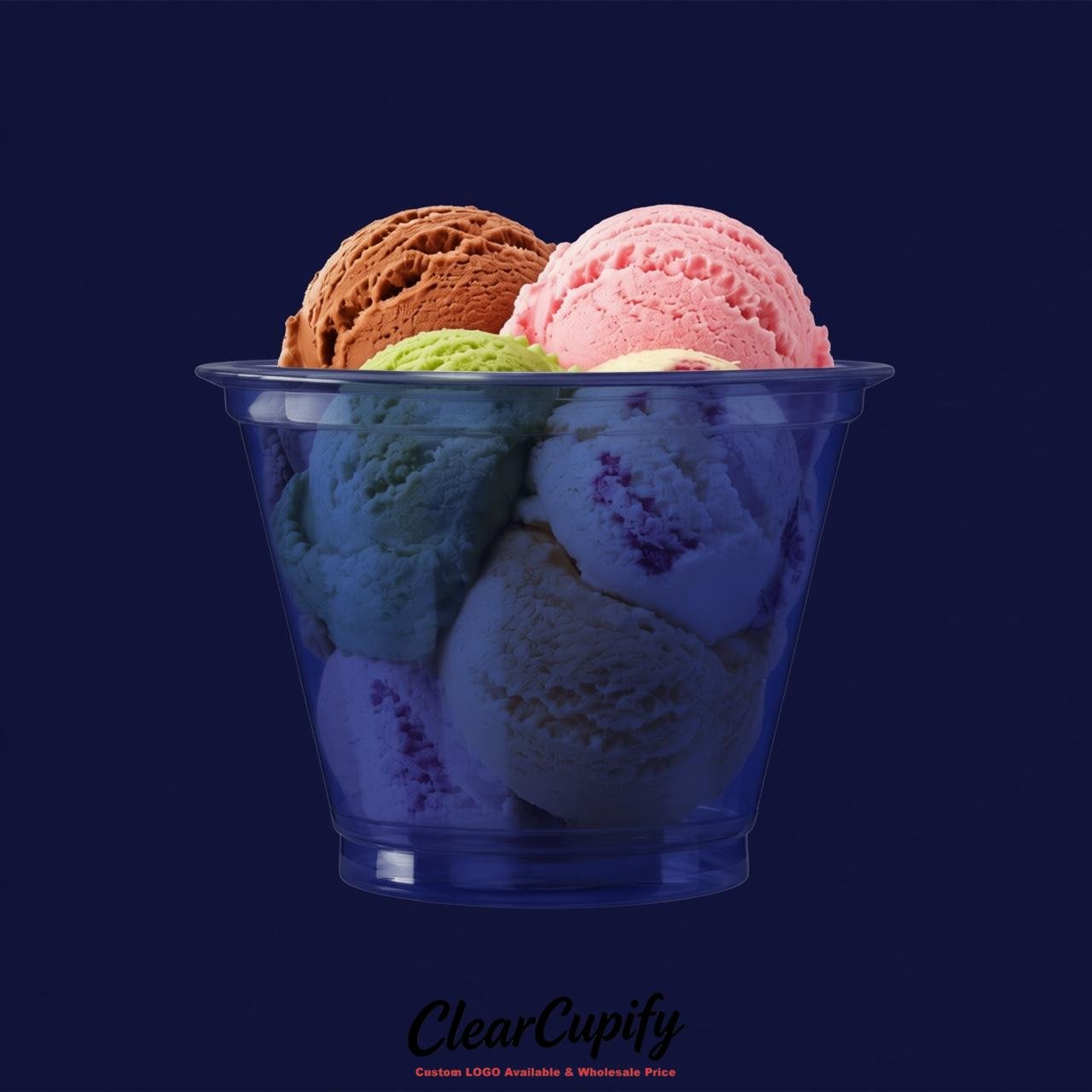 Prussian Blue Clear Plastic Ice Cream Cups Wholesale with Custom Logo
