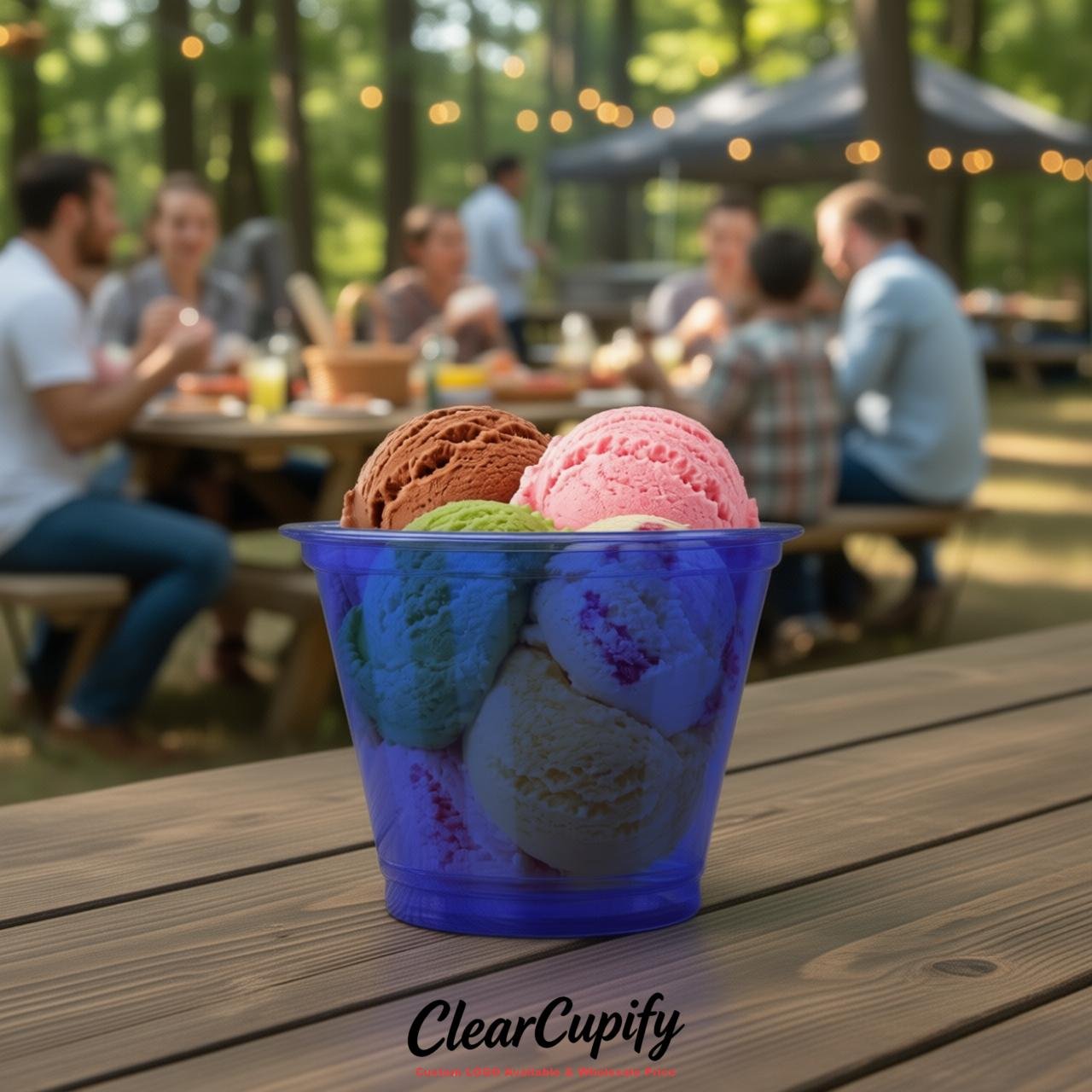 Prussian Blue Clear Plastic Ice Cream Cups Wholesale with Custom Logo