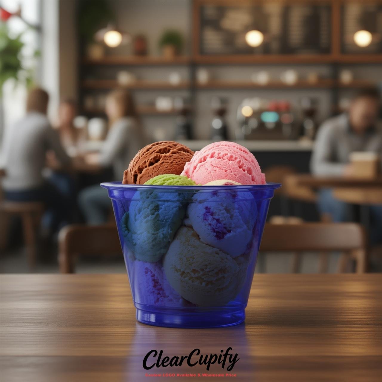 Prussian Blue Clear Plastic Ice Cream Cups Wholesale with Custom Logo
