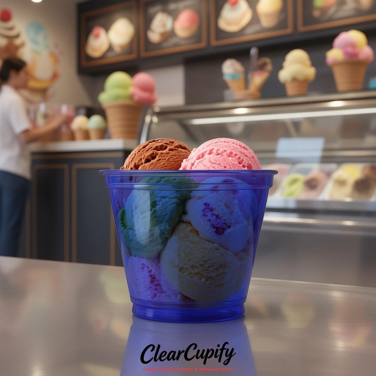 Prussian Blue Clear Plastic Ice Cream Cups Wholesale with Custom Logo