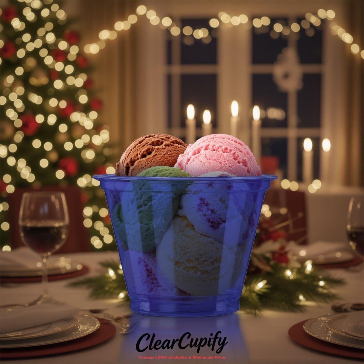 Prussian Blue Clear Plastic Ice Cream Cups Wholesale with Custom Logo