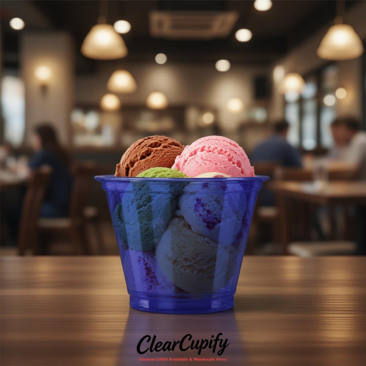 Prussian Blue Clear Plastic Ice Cream Cups Wholesale with Custom Logo