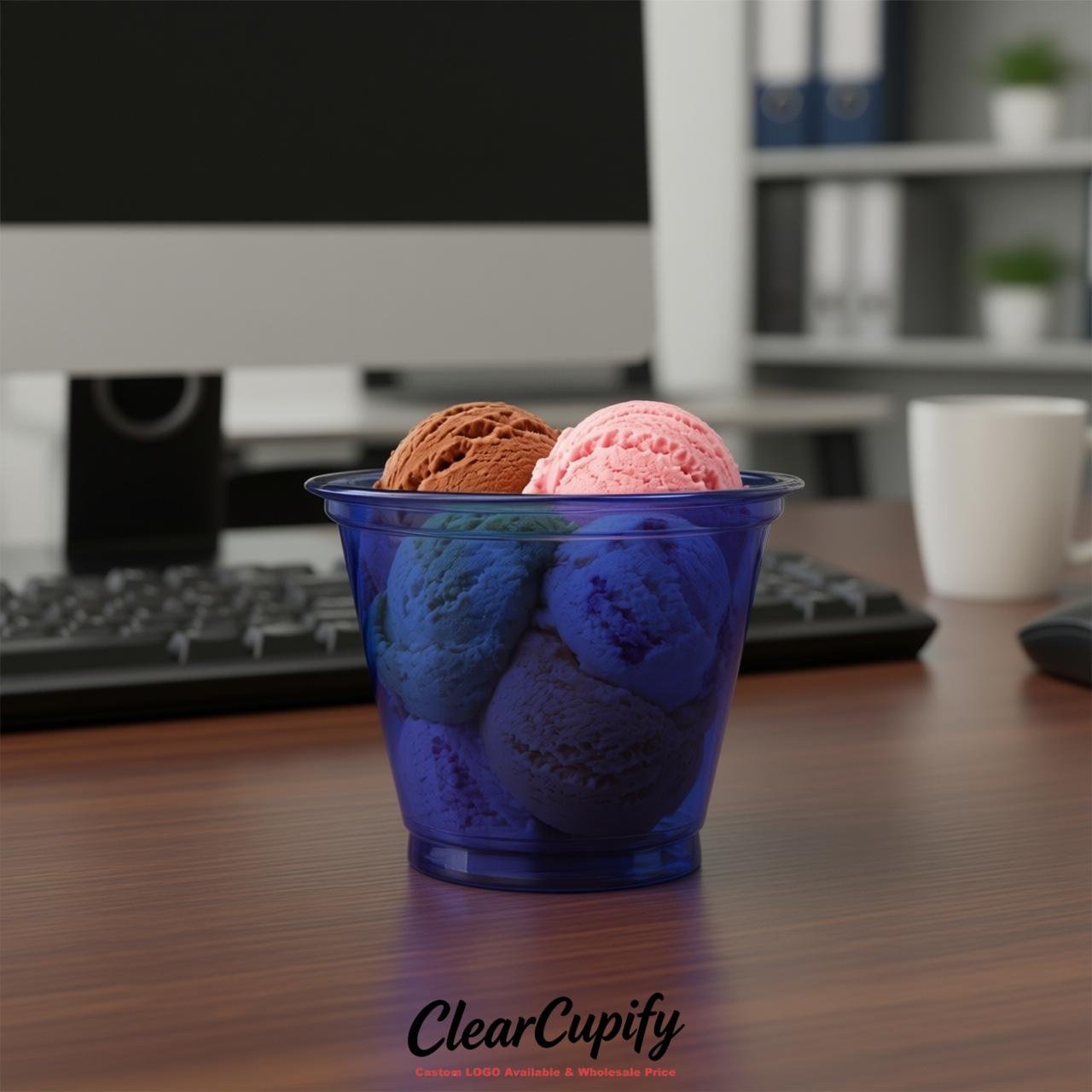 Prussian Blue Clear Plastic Ice Cream Cups Wholesale with Custom Logo