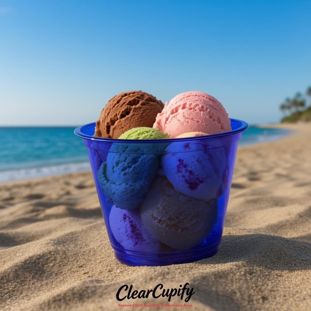 Prussian Blue Clear Plastic Ice Cream Cups Wholesale with Custom Logo