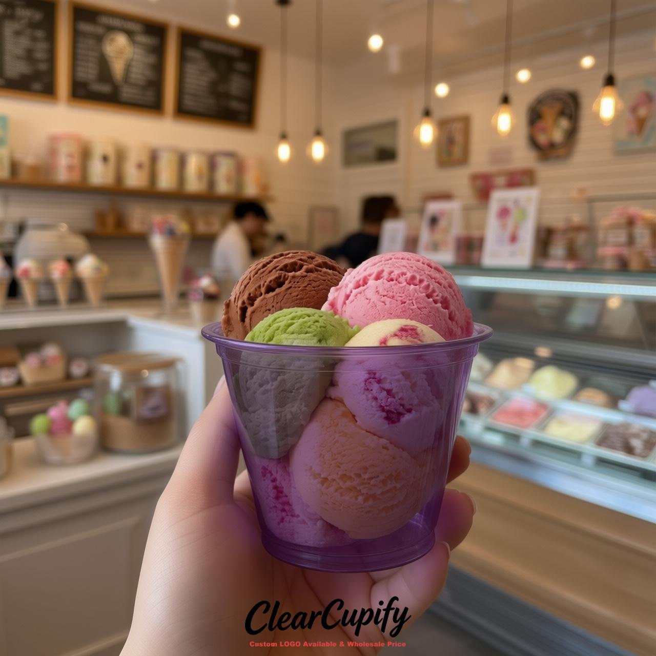Purple Clear Plastic Ice Cream Cups Wholesale with Custom Logo