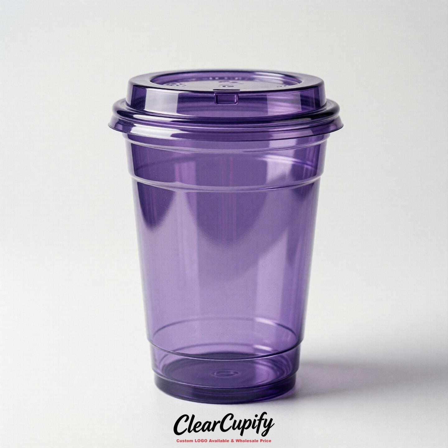 Blank Translucent Purple Clear Plastic Cups with Lids - Choice of PET/PP/PLA