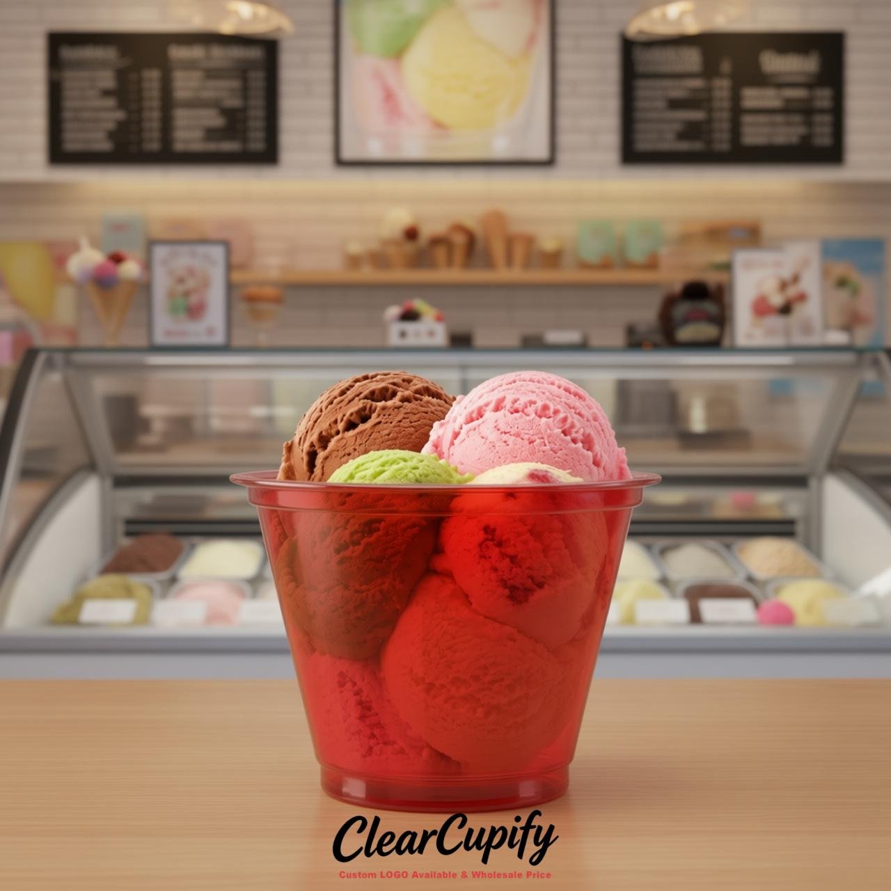 Red Clear Plastic Ice Cream Cups Wholesale with Custom Logo