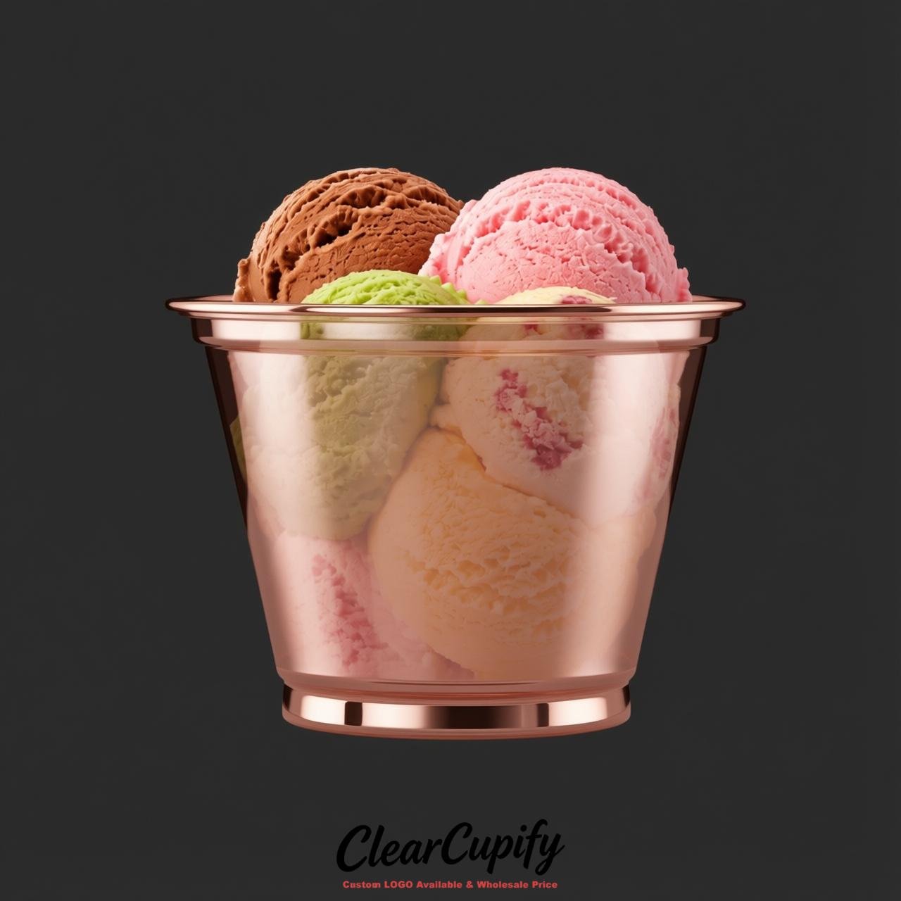 Rose Gold Clear Plastic Ice Cream Cups Wholesale with Custom Logo
